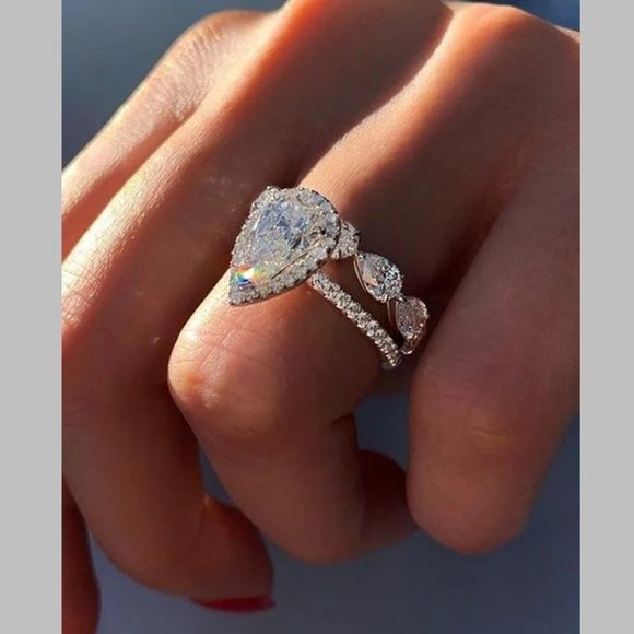 Pear Shaped Engagement Ring, Bling Halo Promise Ring, Wedding Anniversary Ring - Picture 3 of 6